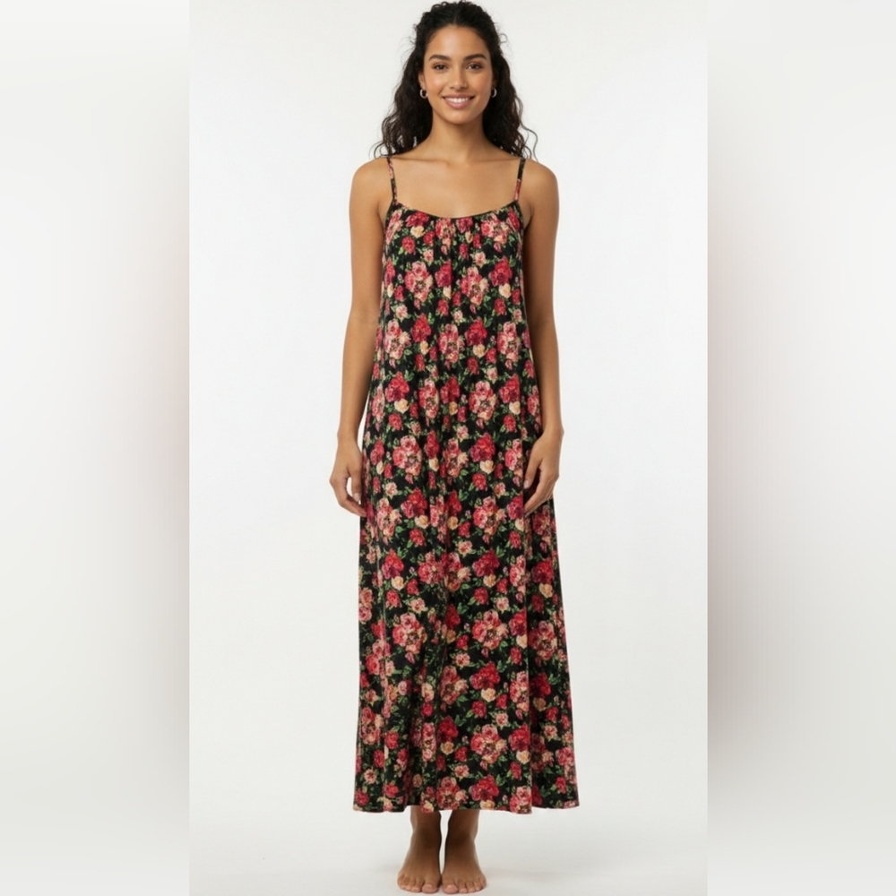 Calvin Klein Dress Black Pink Maxi Floral Boho Cottage Festival Sleeveless 6